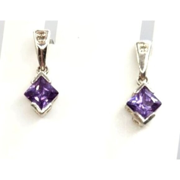 Silver Plated Square Amythyst Dangle Earrings - Stamped 925 - Picture 1 of 5